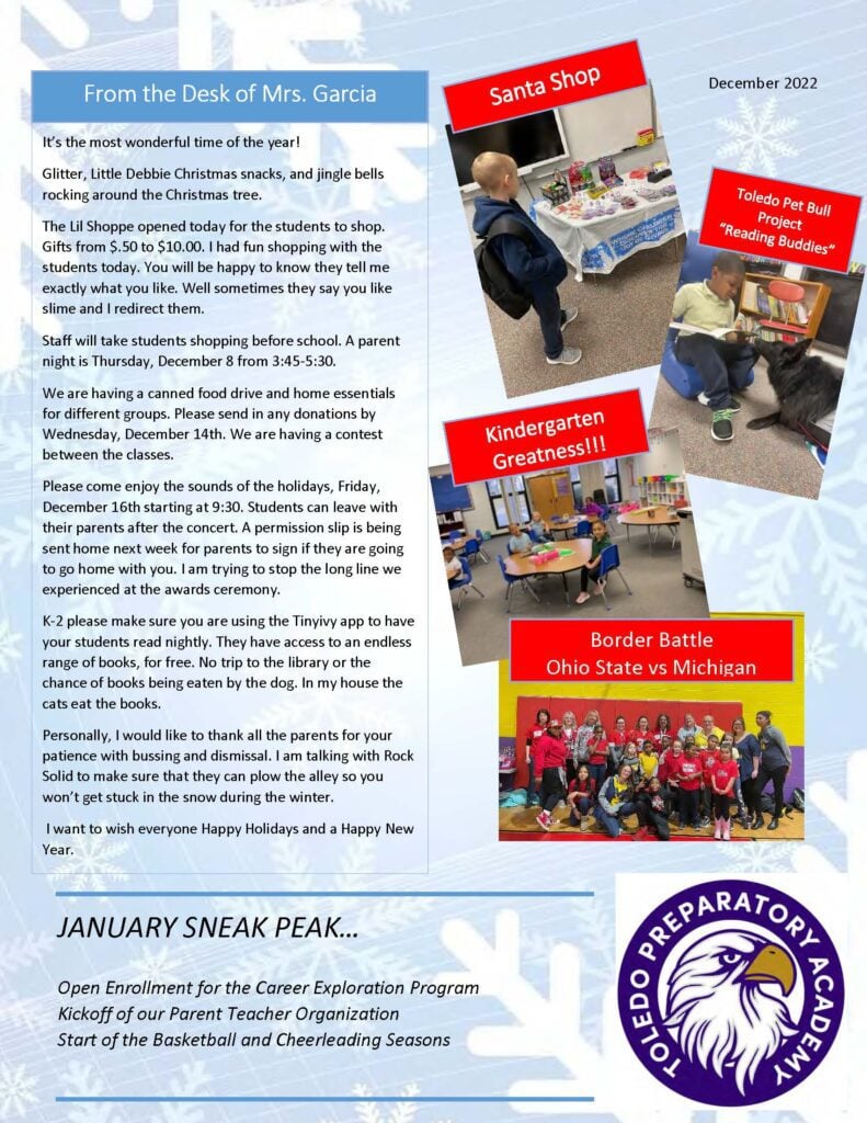 Newsletter with photos of school activities and text updates.